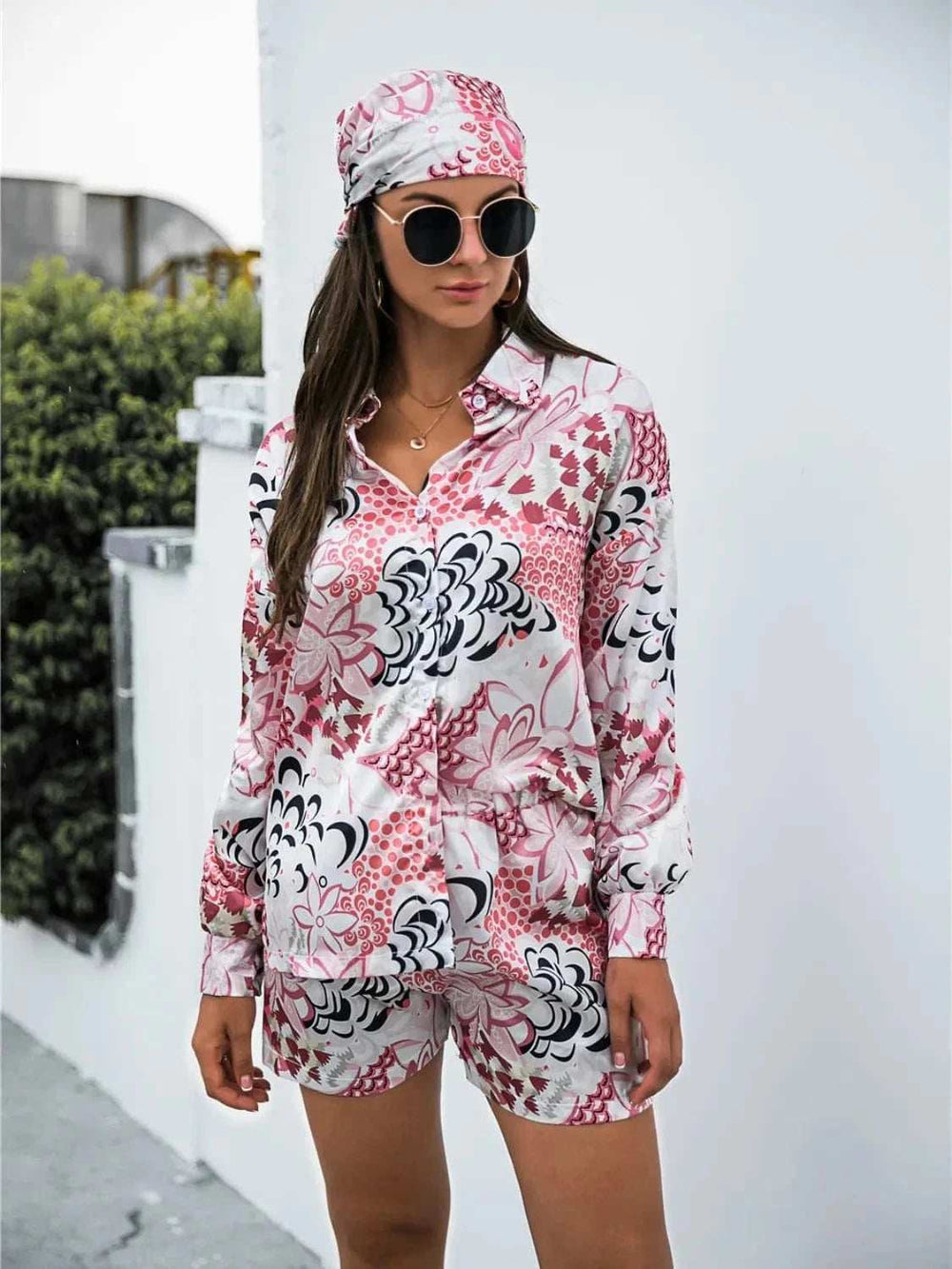 Printed Button Up Long Sleeve Shirt and Shorts Set - Trendsi - Flyclothing LLC