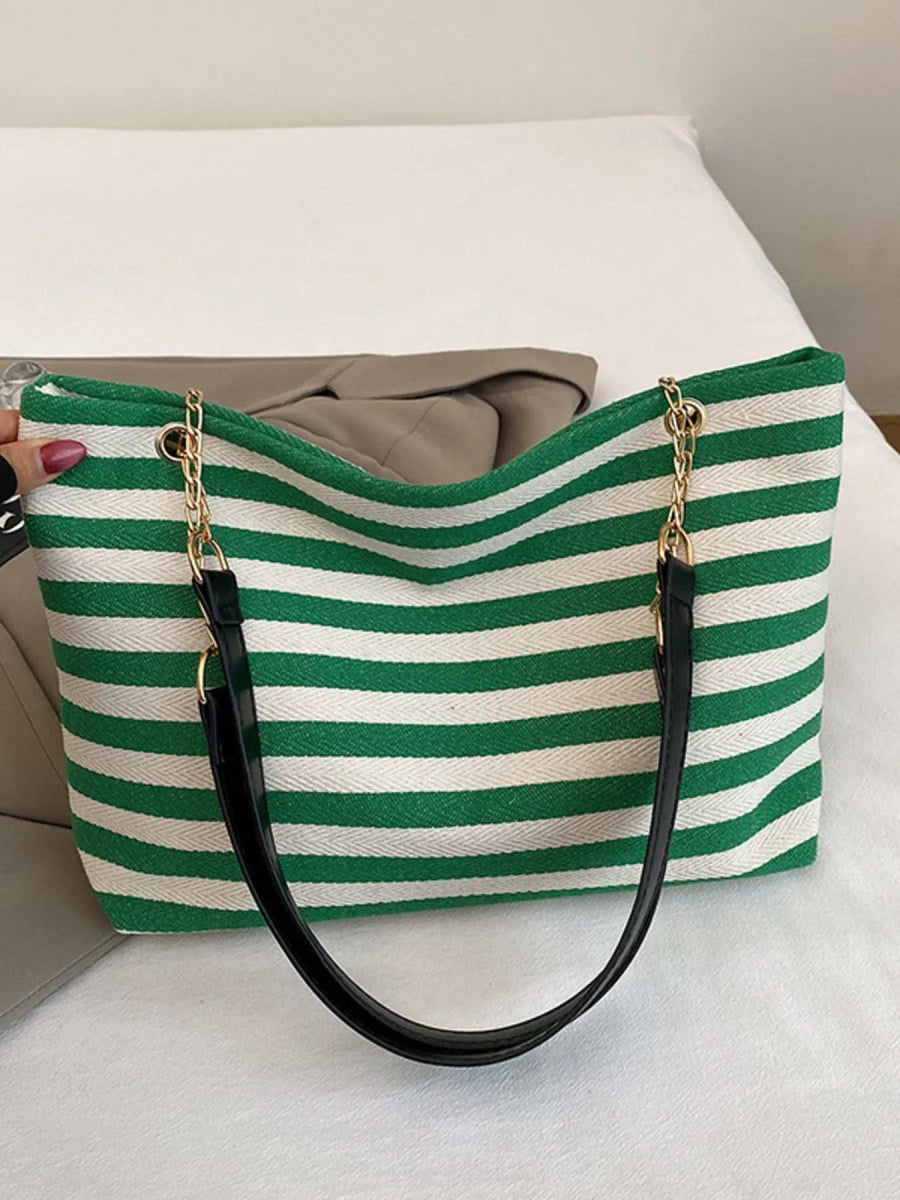 Striped Shoulder Bag with Chain Detail - Trendsi - Flyclothing LLC