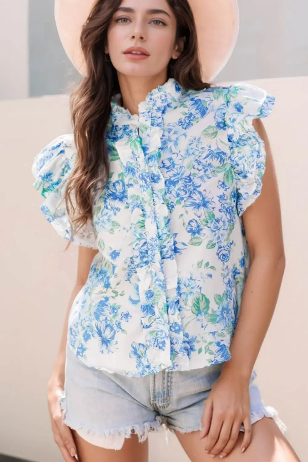 Floral Print Ruffle Sleeve Frilly Button Up Shirt - Trendsi - Flyclothing LLC