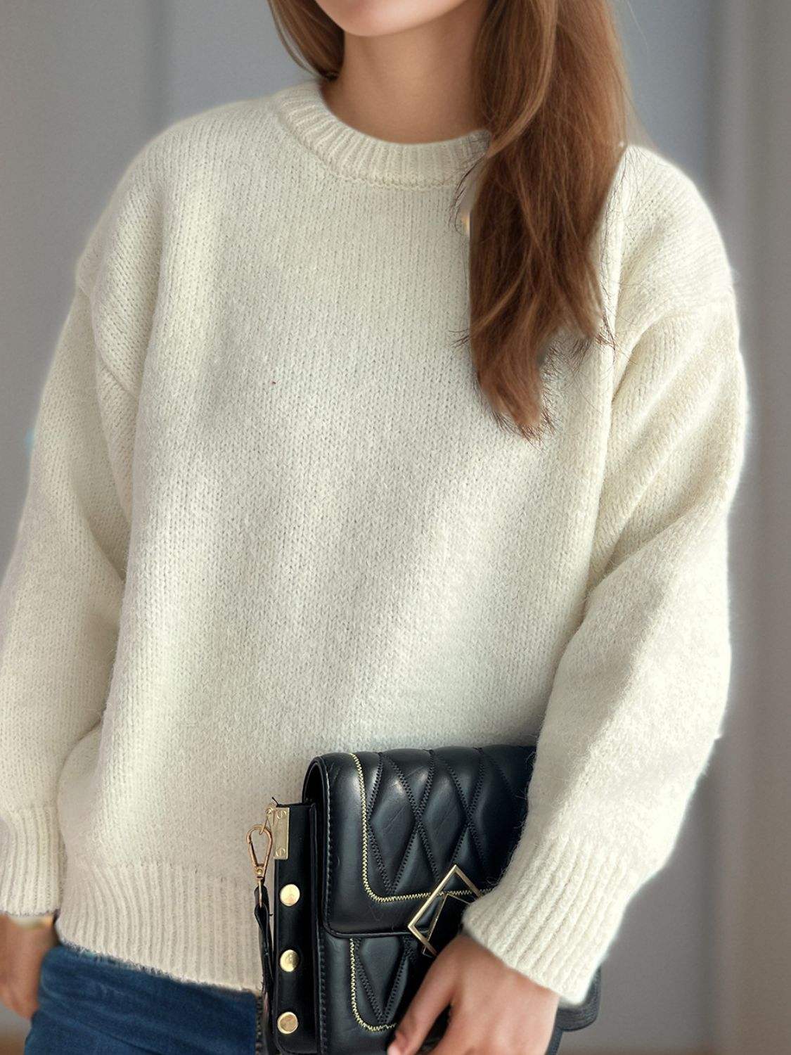 Round Neck Long Sleeve Sweater - Trendsi - Flyclothing LLC