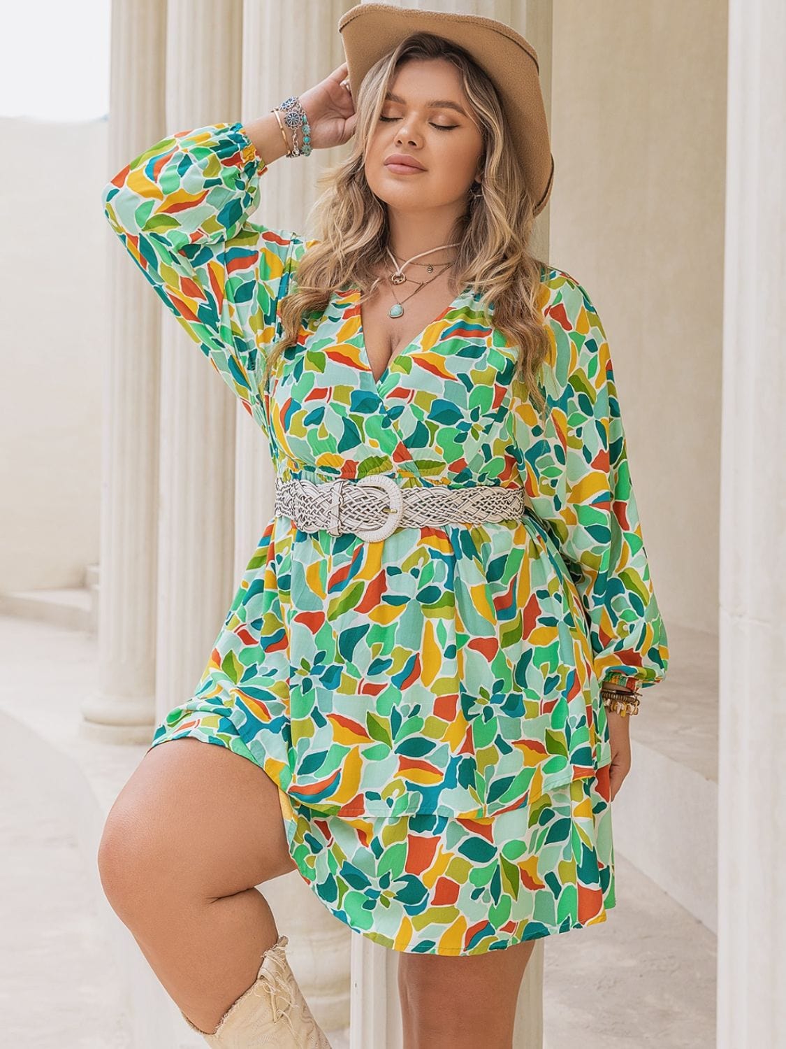 Plus Size Printed Surplice Long Sleeve Mini Dress - Trendsi