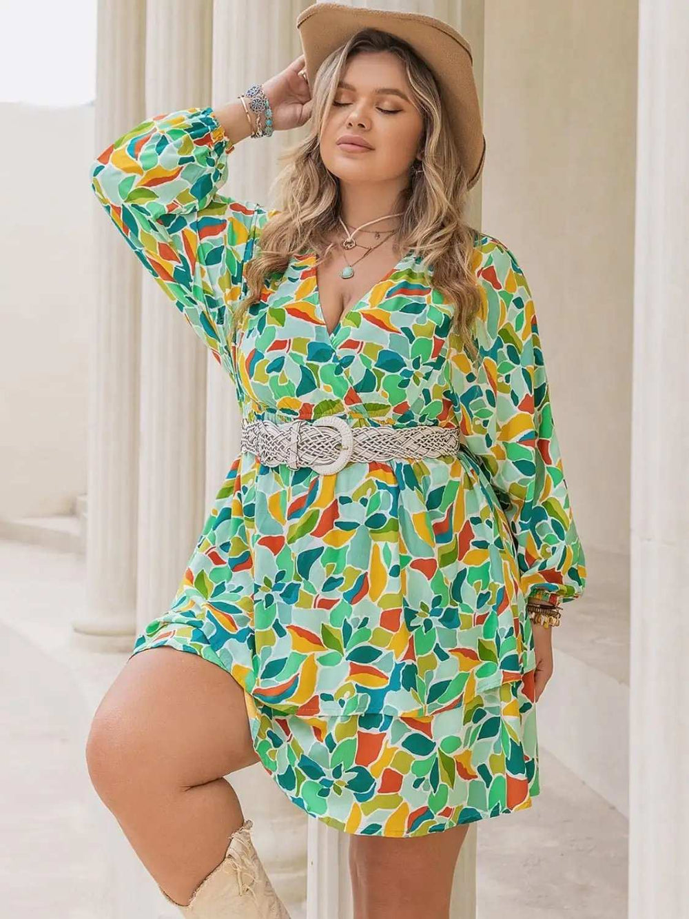 Plus Size Printed Surplice Long Sleeve Mini Dress - Trendsi - Flyclothing LLC