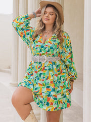 Plus Size Printed Surplice Long Sleeve Mini Dress - Trendsi