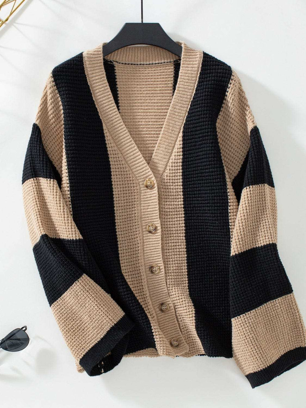 Waffle-Knit V-Neck Striped Long Sleeve Cardigan - Trendsi - Flyclothing LLC