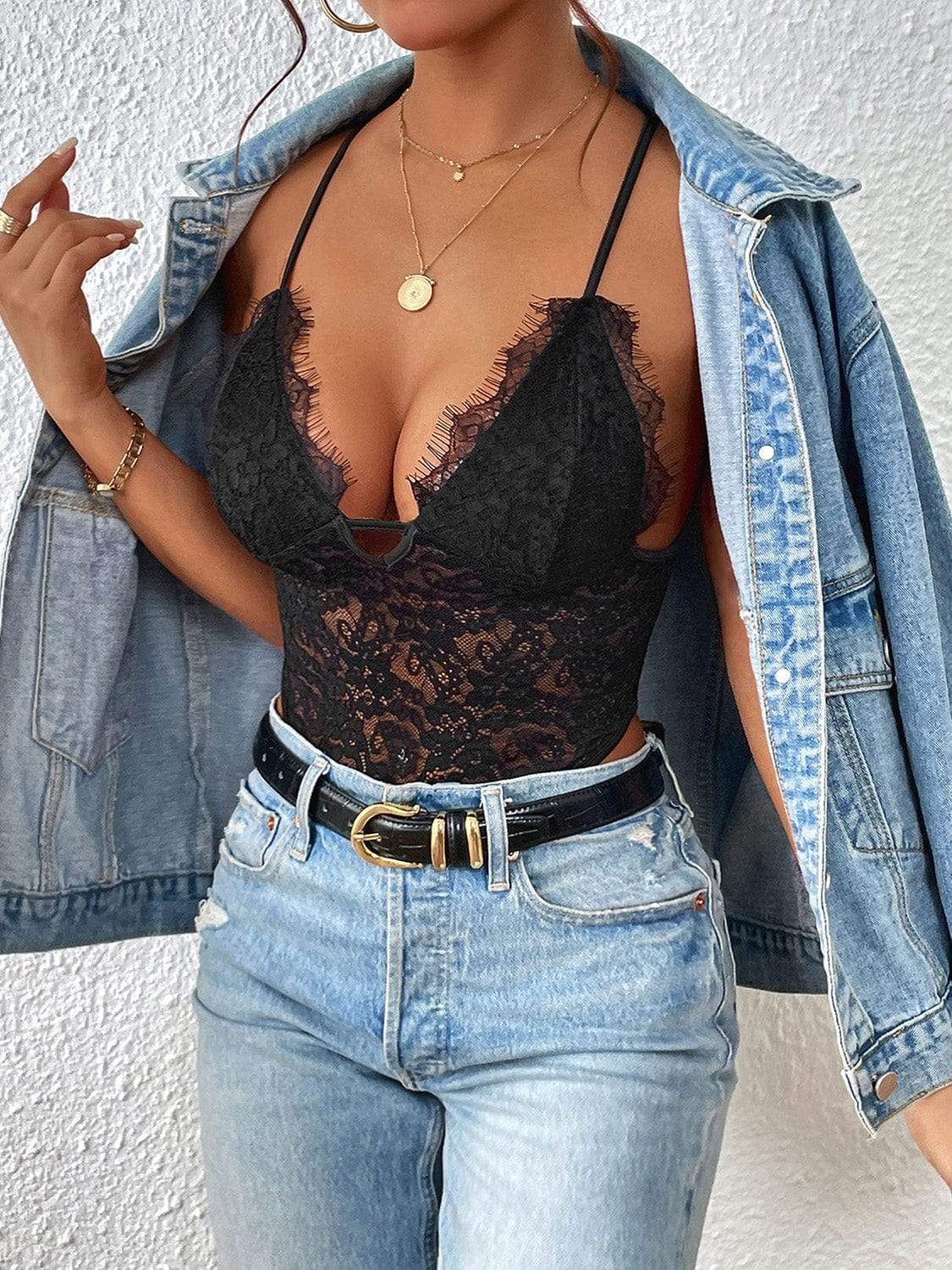 Crisscross Lace Spaghetti Strap Bodysuit - Trendsi - Flyclothing LLC