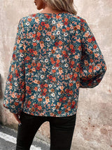 Printed V-Neck Balloon Sleeve Blouse - Trendsi - Flyclothing LLC