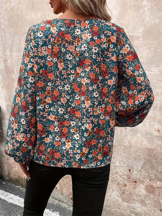 Printed V-Neck Balloon Sleeve Blouse - Trendsi