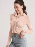 Ruched Button Up Long Sleeve T-Shirt - Trendsi - Flyclothing LLC