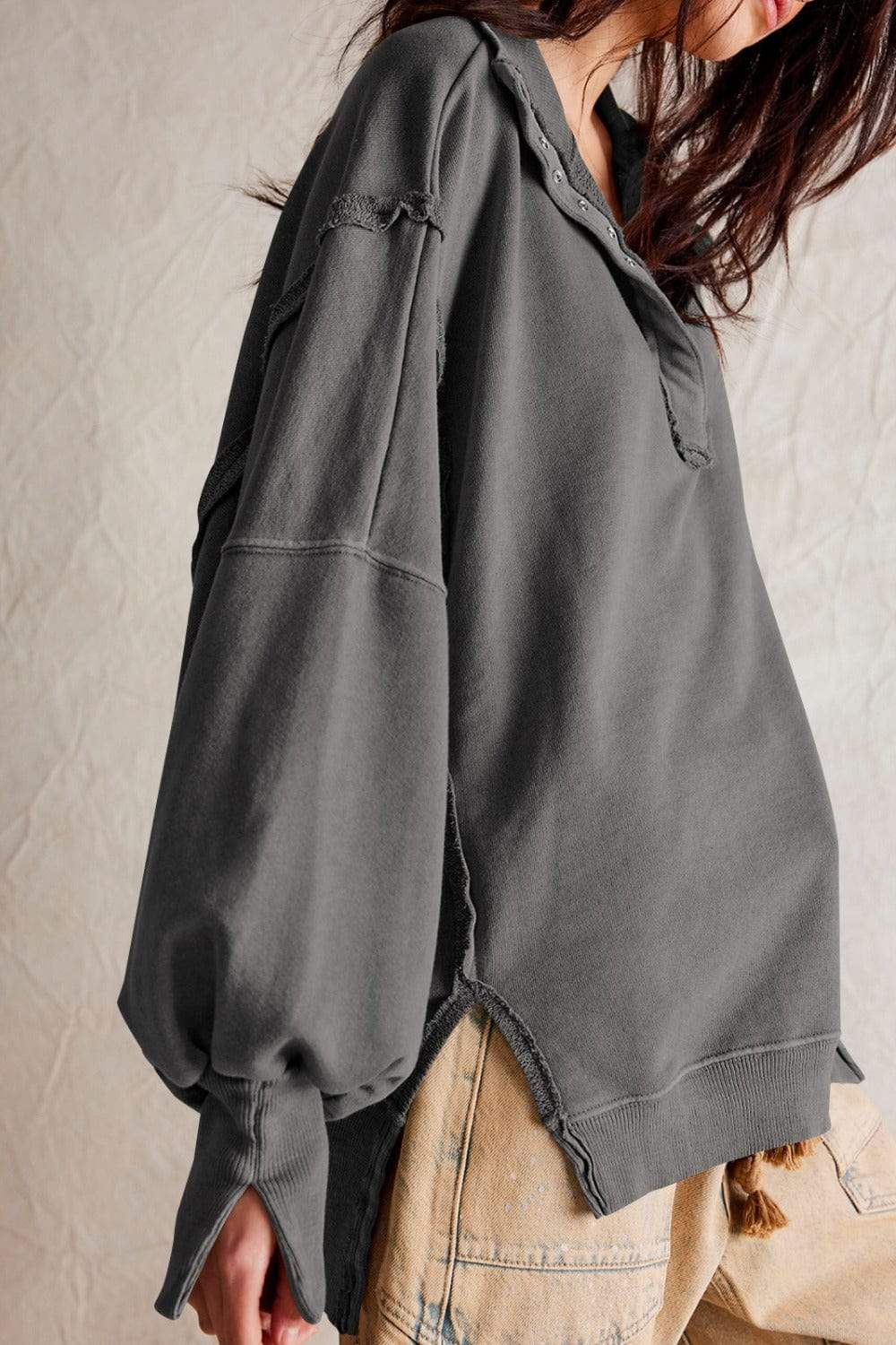 Exposed Seam Side Slit Long Sleeve Sweatshirt - Trendsi - Flyclothing LLC