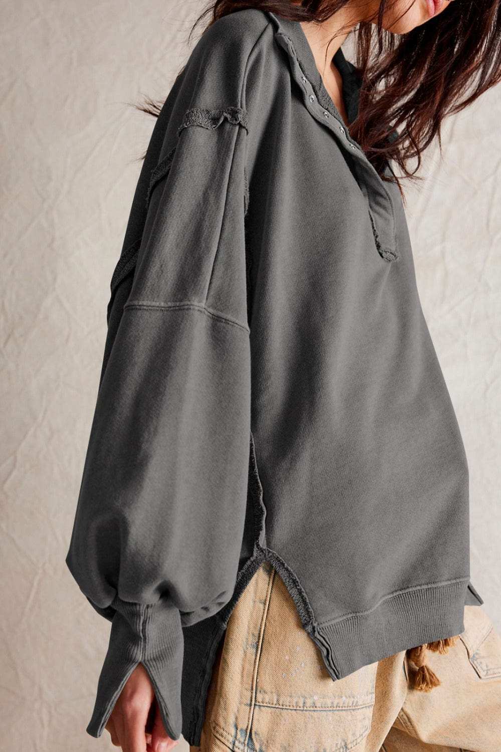 Exposed Seam Side Slit Long Sleeve Sweatshirt - Trendsi - Flyclothing LLC