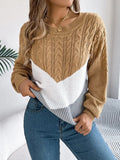 Cable-Knit Color Block Round Neck Sweater - Trendsi