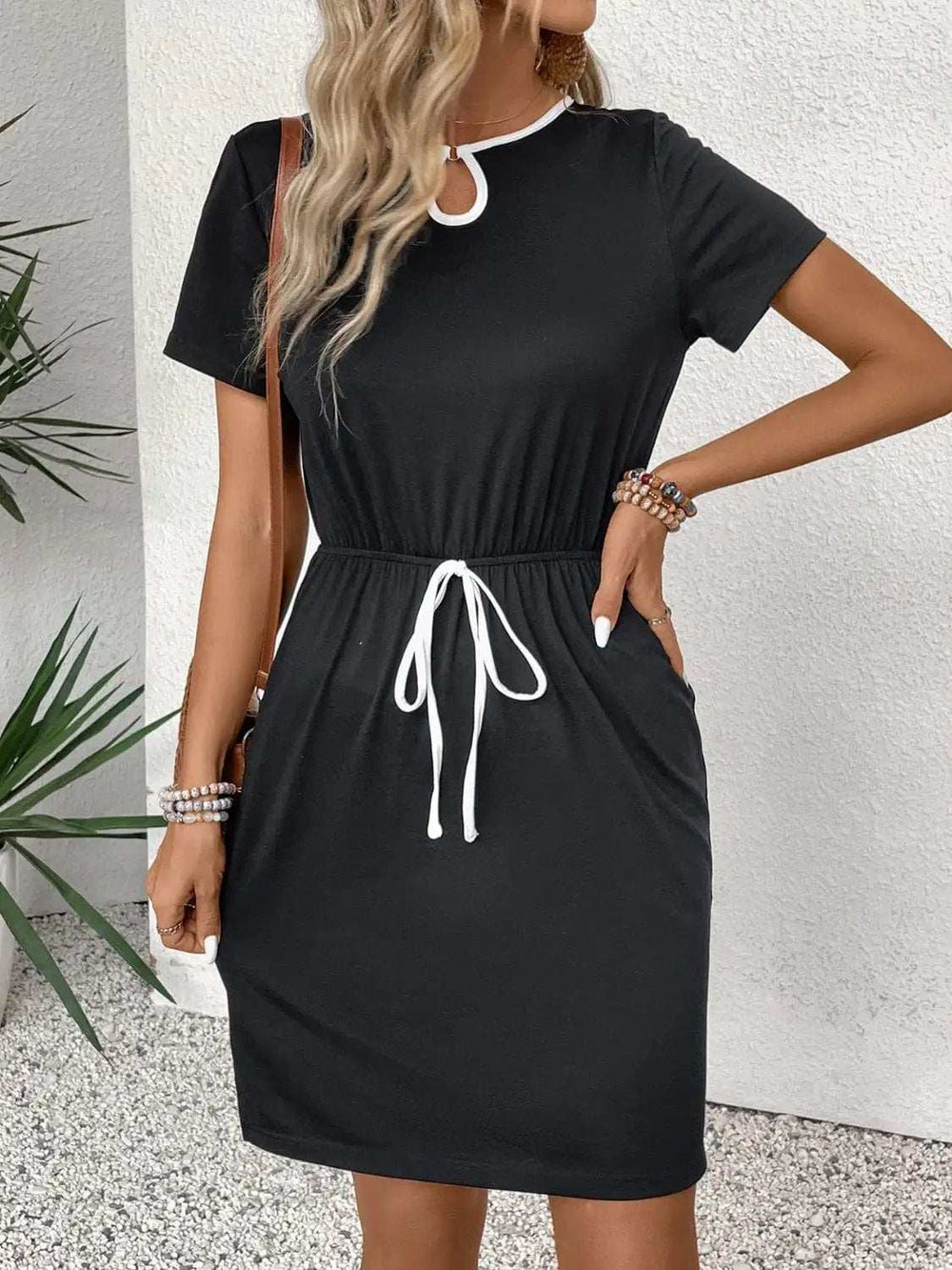 Tied Round Neck Short Sleeve Mini Dress - Trendsi - Flyclothing LLC