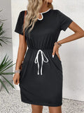 Tied Round Neck Short Sleeve Mini Dress - Trendsi