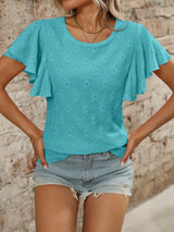 Eyelet Round Neck Flutter Sleeve Top - Trendsi - Flyclothing LLC