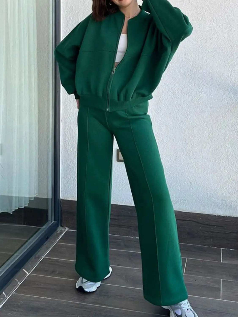 Baseball Collar Zip Up Top and Drawstring Paants Set - Trendsi - Flyclothing LLC