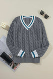 Cable-Knit V-Neck Long Sleeve Sweater - Trendsi - Flyclothing LLC