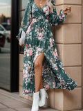 Slit Printed Surplice Long Sleeve Maxi Dress - Trendsi