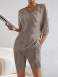 Ribbed V-Neck Top and Shorts Set - Trendsi