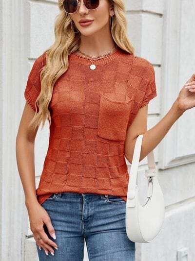 Round Neck Short Sleeve Knit Top - Trendsi - Flyclothing LLC