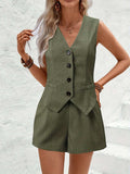 V-Neck Button Down Vest and Shorts Set - Trendsi - Flyclothing LLC