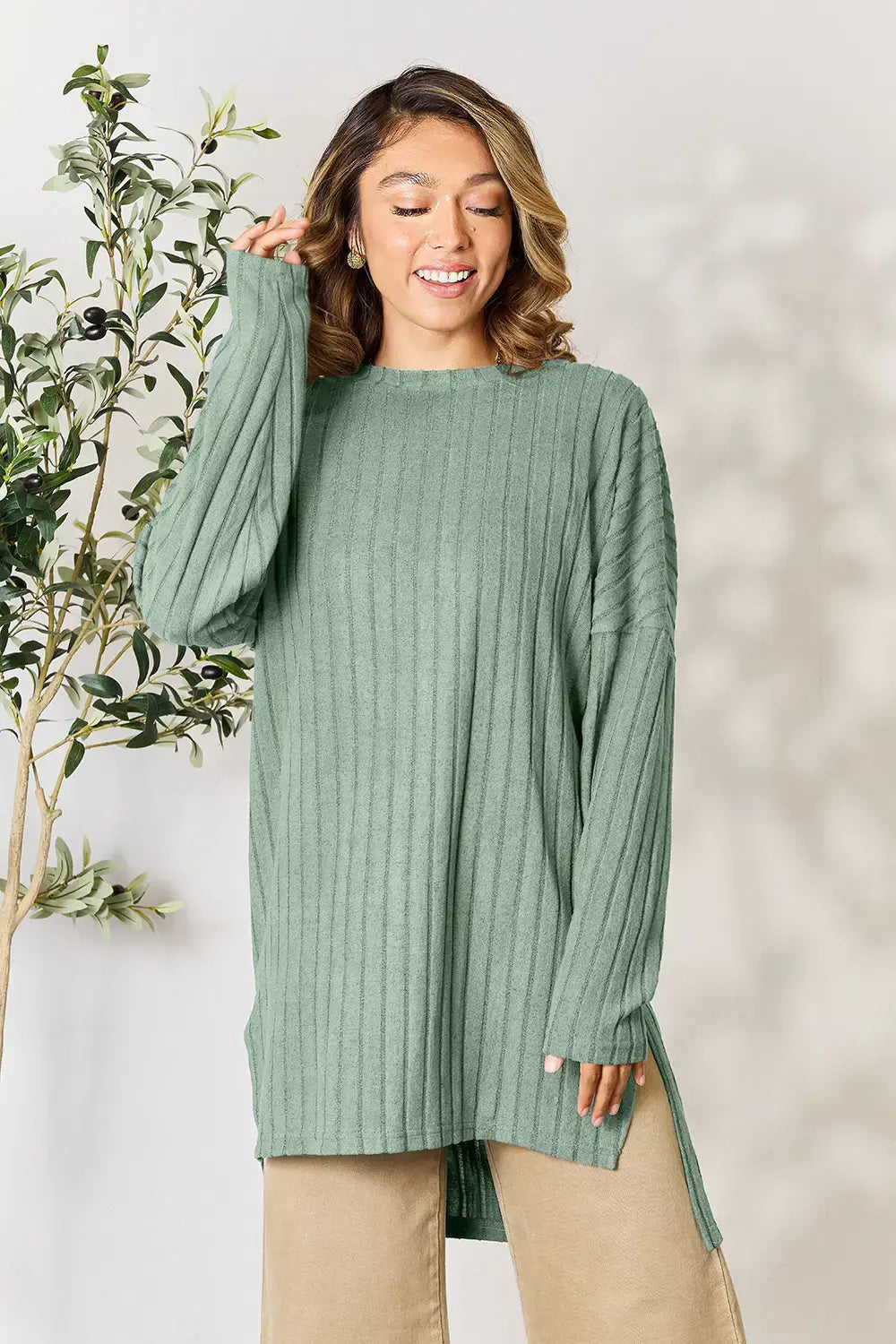 Basic Bae Full Size Ribbed Round Neck Long Sleeve Slit Top - ShopBasicbae - Flyclothing LLC