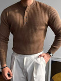 Button Detail Ribbed Long Sleeve Men's Knit Top - Trendsi