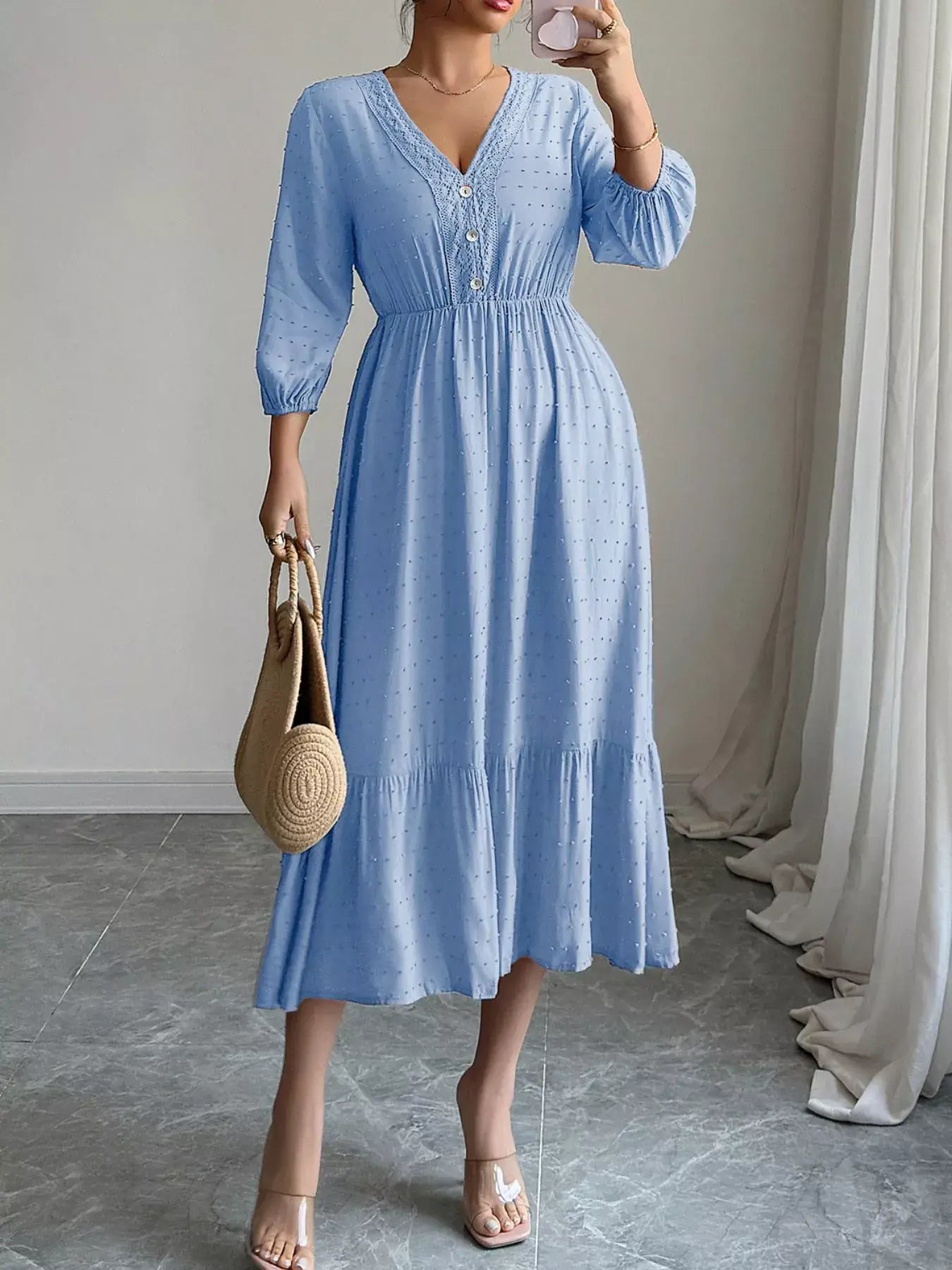 Swiss Dot Ruffle Hem Midi Dress - Trendsi - Flyclothing LLC