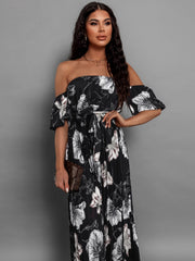 Pleated Floral Off-Shoulder Short Sleeve Midi Dress - Trendsi