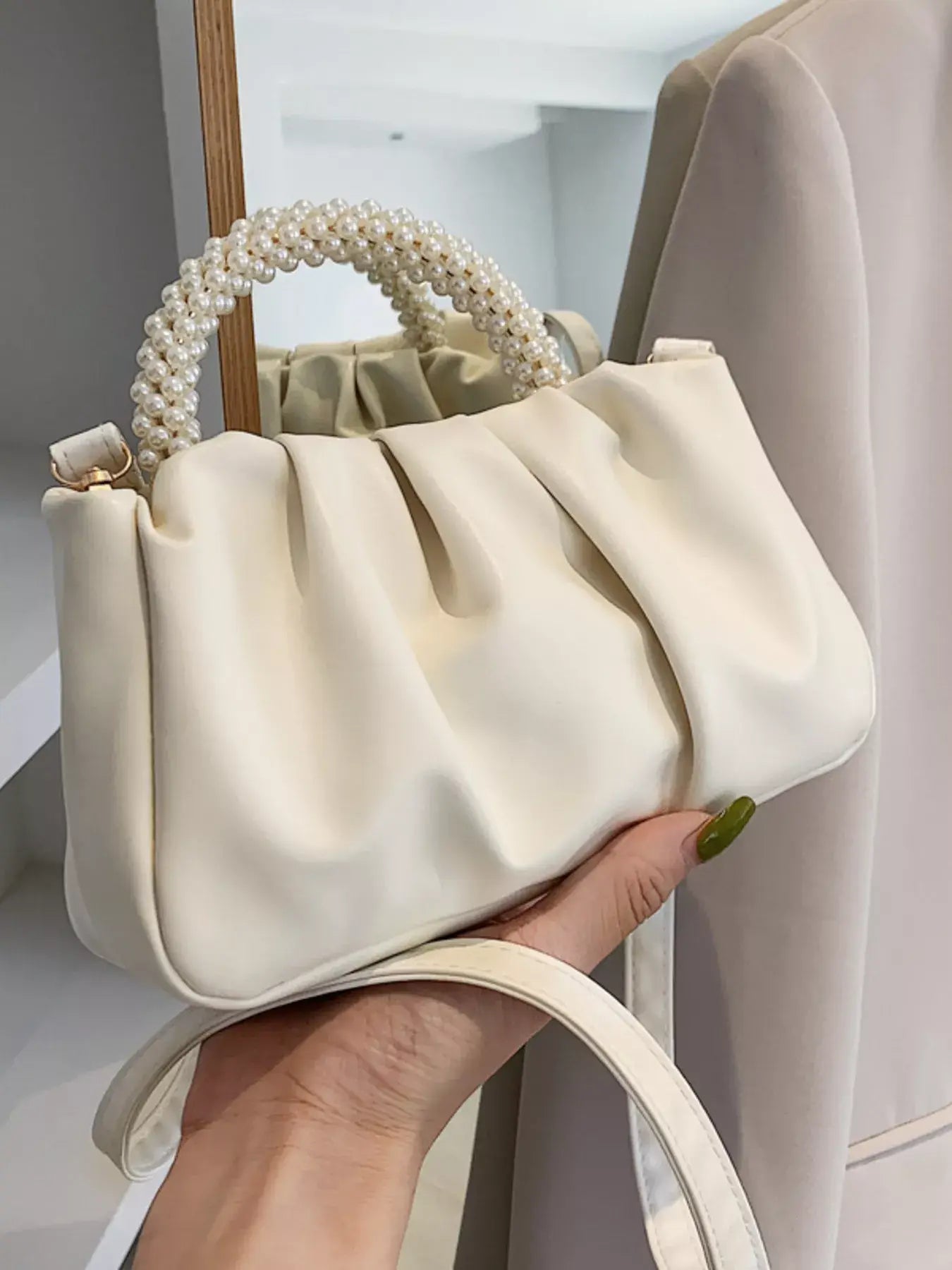 Pearl Handle Ruched Crossbody Bag - Trendsi - Flyclothing LLC