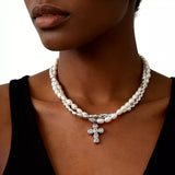 Elegant Pearl Alloy Necklace with Rhinestone Cross Pendant - Trendsi - Flyclothing LLC