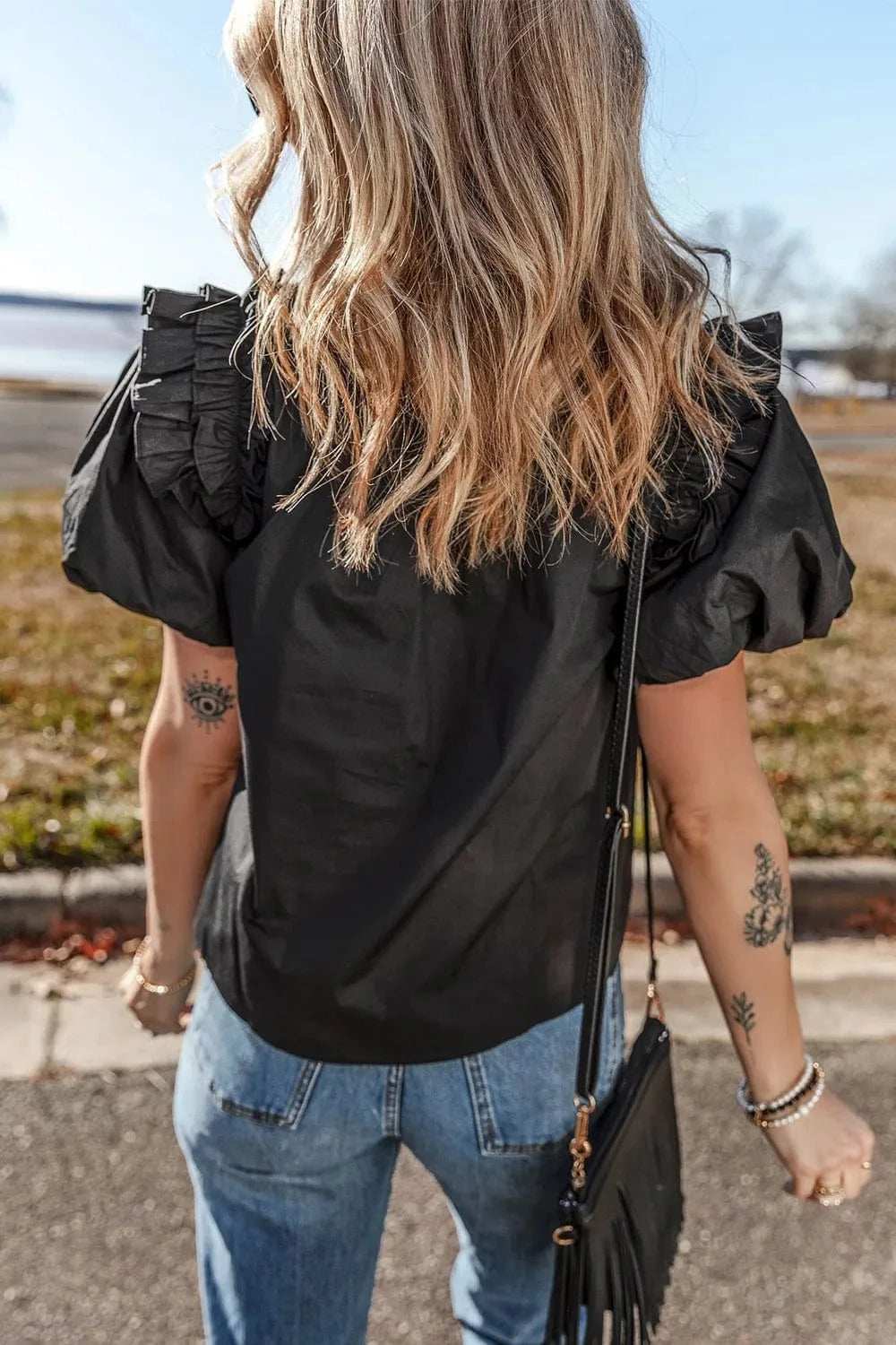 Ruffled Puff Short Sleeve Loose Blouse - Trendsi - Flyclothing LLC