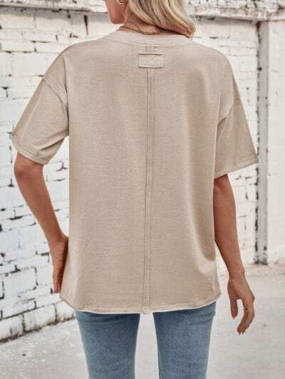 Lovelet Exposed Seam Round Neck Half Sleeve T-Shirt - Trendsi - Flyclothing LLC