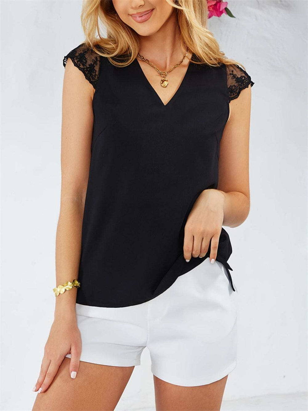 Lace Detail V-Neck Cap Sleeve T-Shirt - Trendsi - Flyclothing LLC