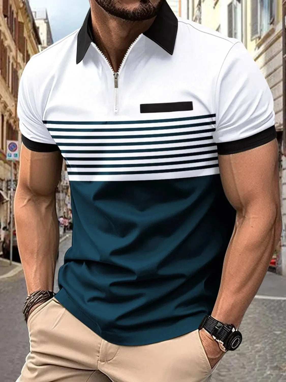 Men's Full Size Collared Neck Contrast Polo Plus Size - Trendsi - Flyclothing LLC