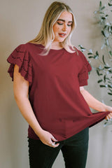 Plus Size Eyelet Round Neck Short Sleeve Blouse - Trendsi - Flyclothing LLC