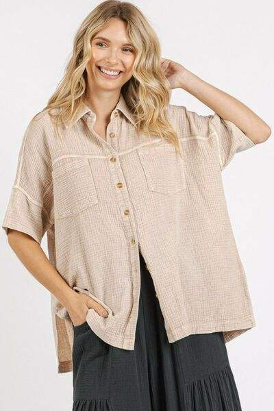 Mittoshop Mineral Wash Gauze Oversized Short Sleeve Shirt - Trendsi - Flyclothing LLC