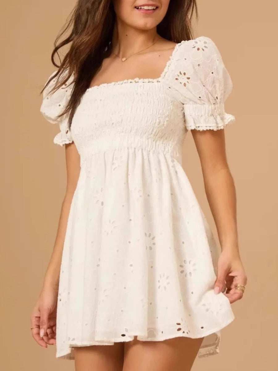 Eyelet Puff Sleeve Smocked Mini Dress - Trendsi - Flyclothing LLC