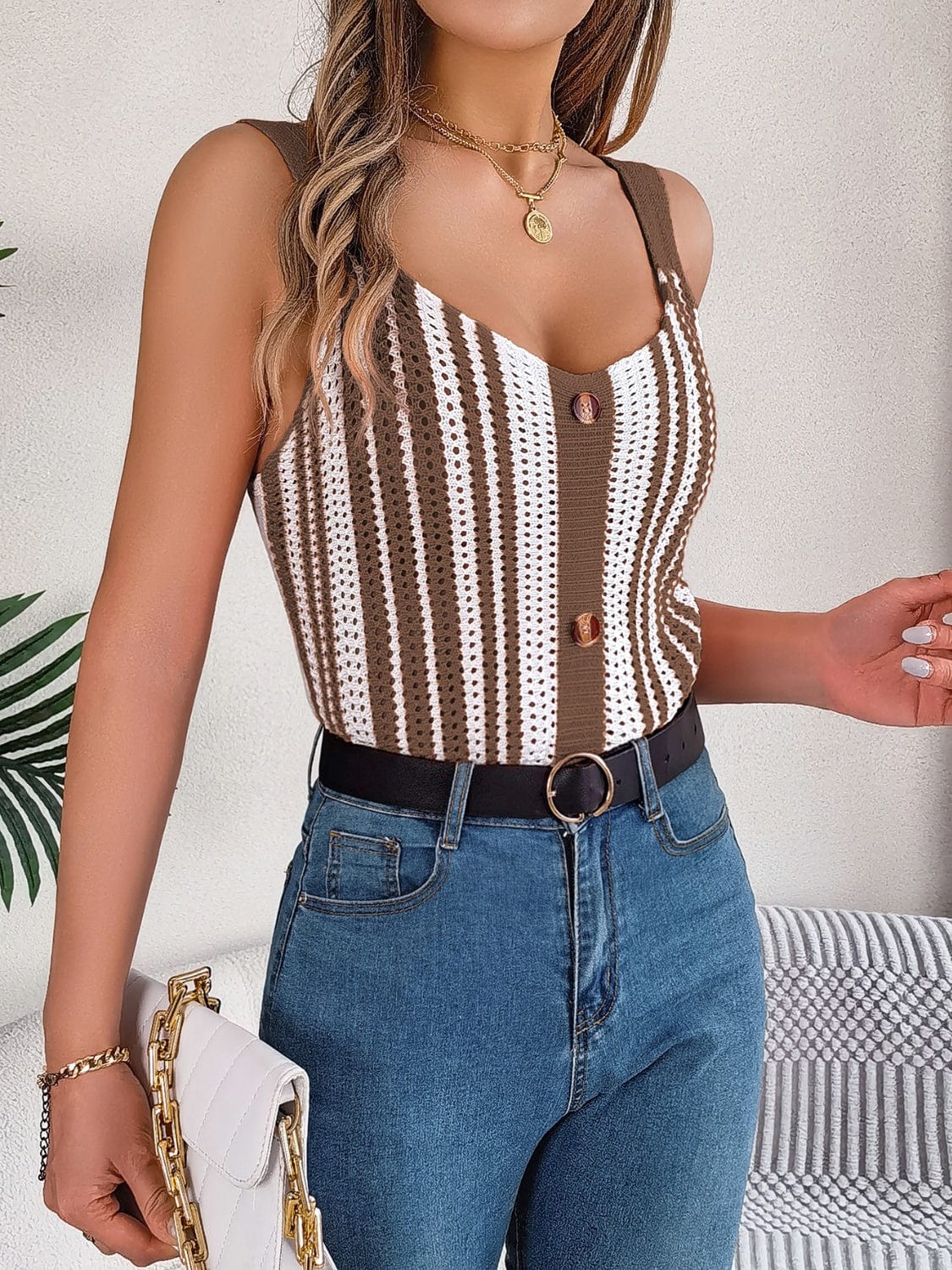 Openwork Striped V-Neck Tank - Trendsi