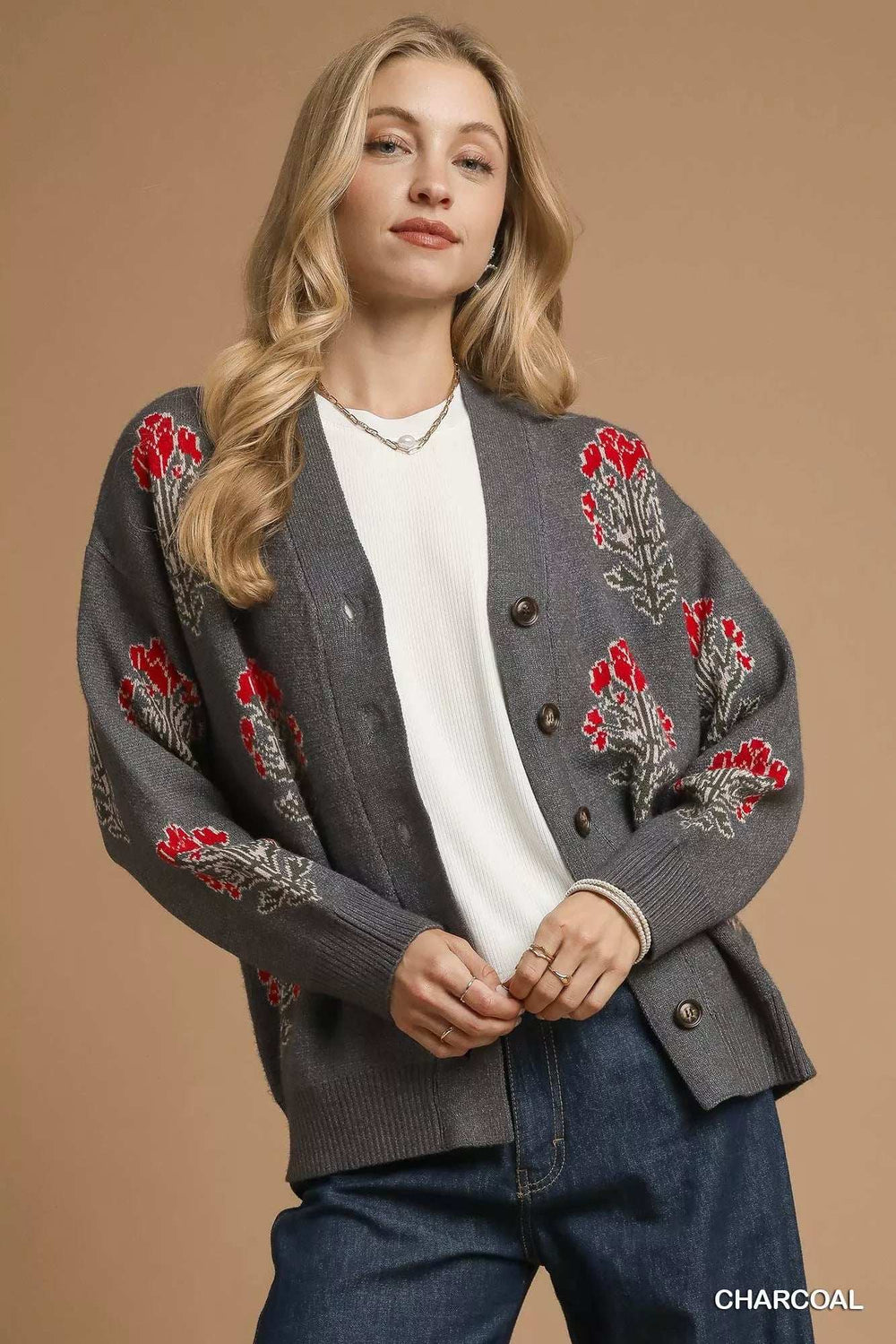 Umgee Single Flower Stem Jacquard Cardigan Sweater - Trendsi - Flyclothing LLC