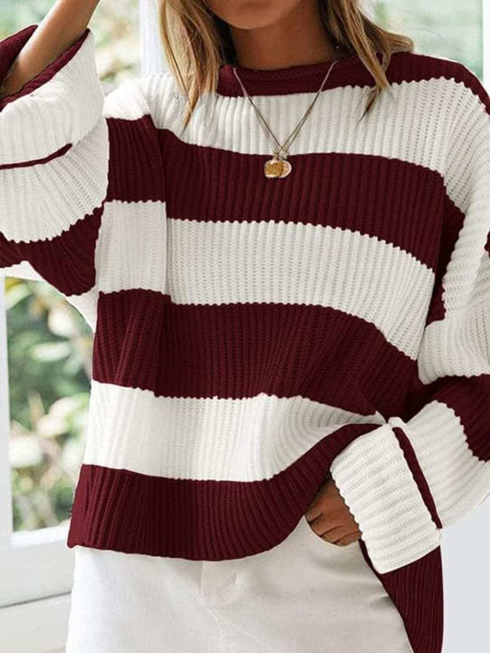 Round Neck Long Sleeve Sweater - Trendsi - Flyclothing LLC