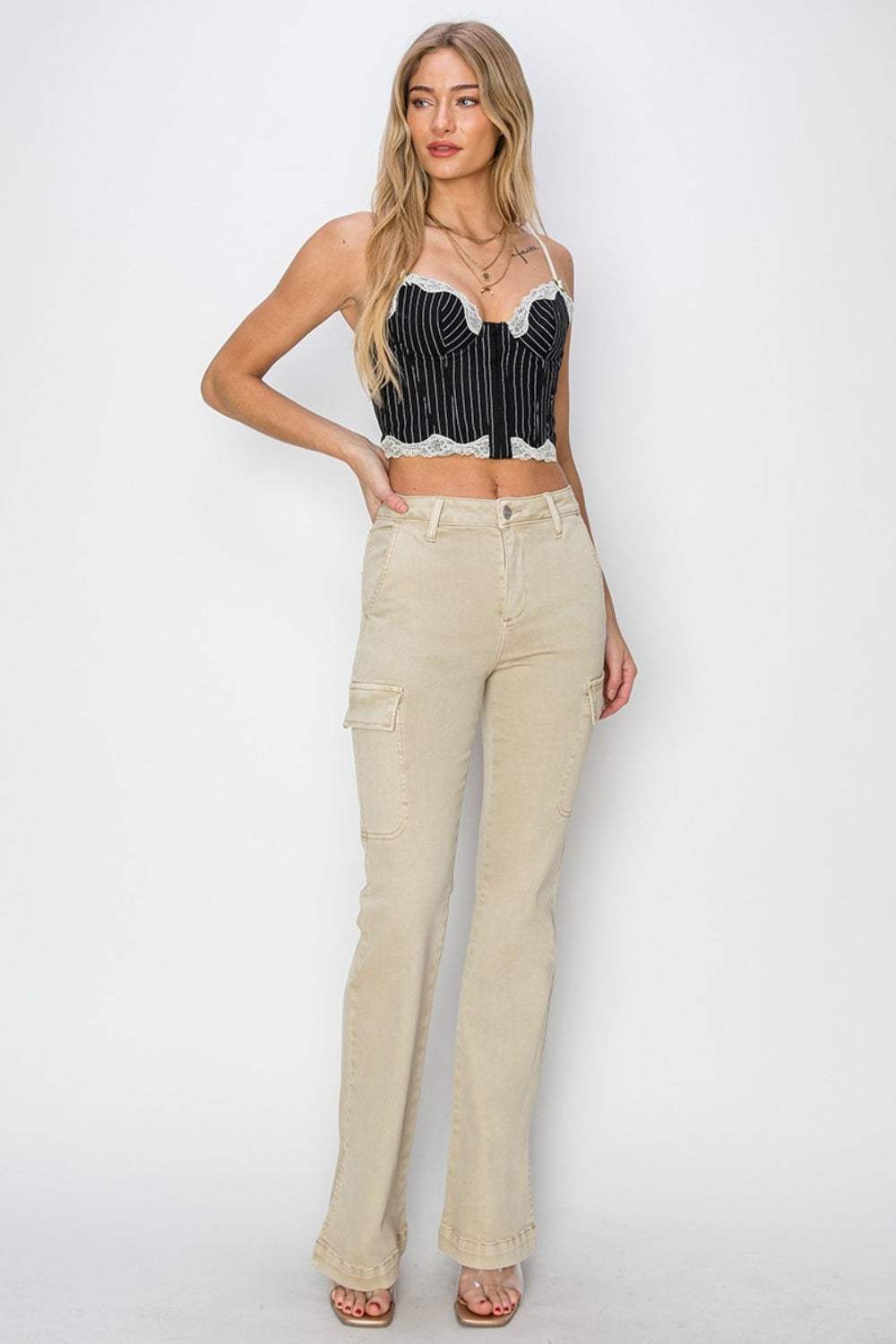 RISEN Full Size High Rise Side Slit Cargo Bootcut Jeans - Trendsi - Flyclothing LLC