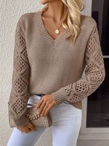 V-Neck Crochet Sleeve Sweater - Trendsi - Flyclothing LLC