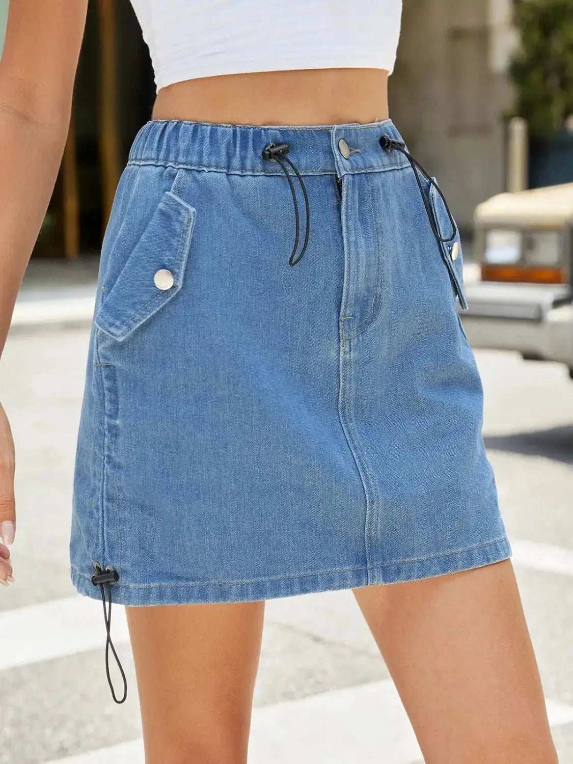 Drawstring Denim Mini Skirt - Trendsi - Flyclothing LLC