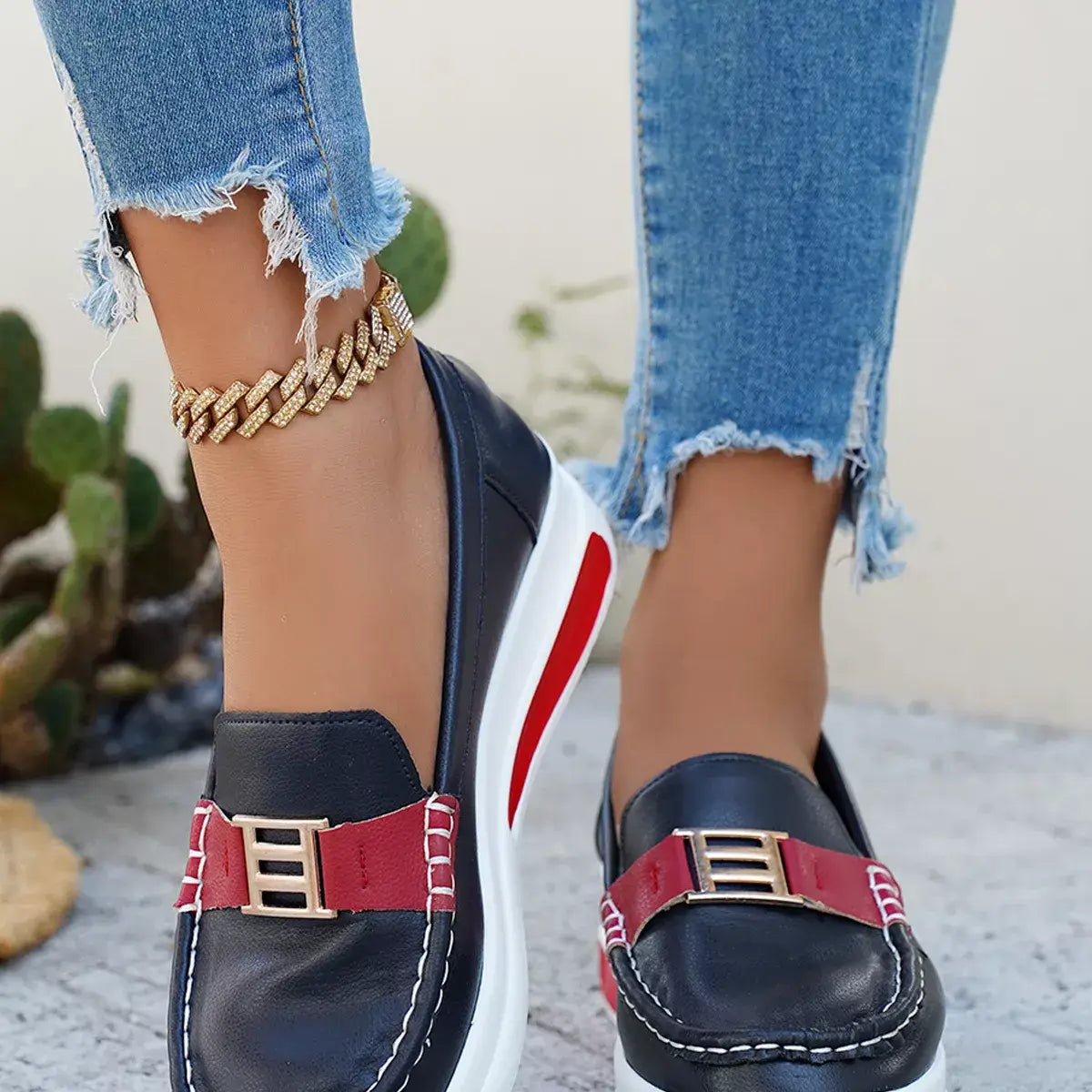 Metal Buckle Round Toe Slip-Ons - Trendsi - Flyclothing LLC