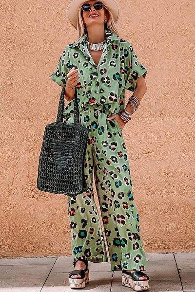 Leopard Collared Neck Top and Pants Set - Trendsi - Flyclothing LLC