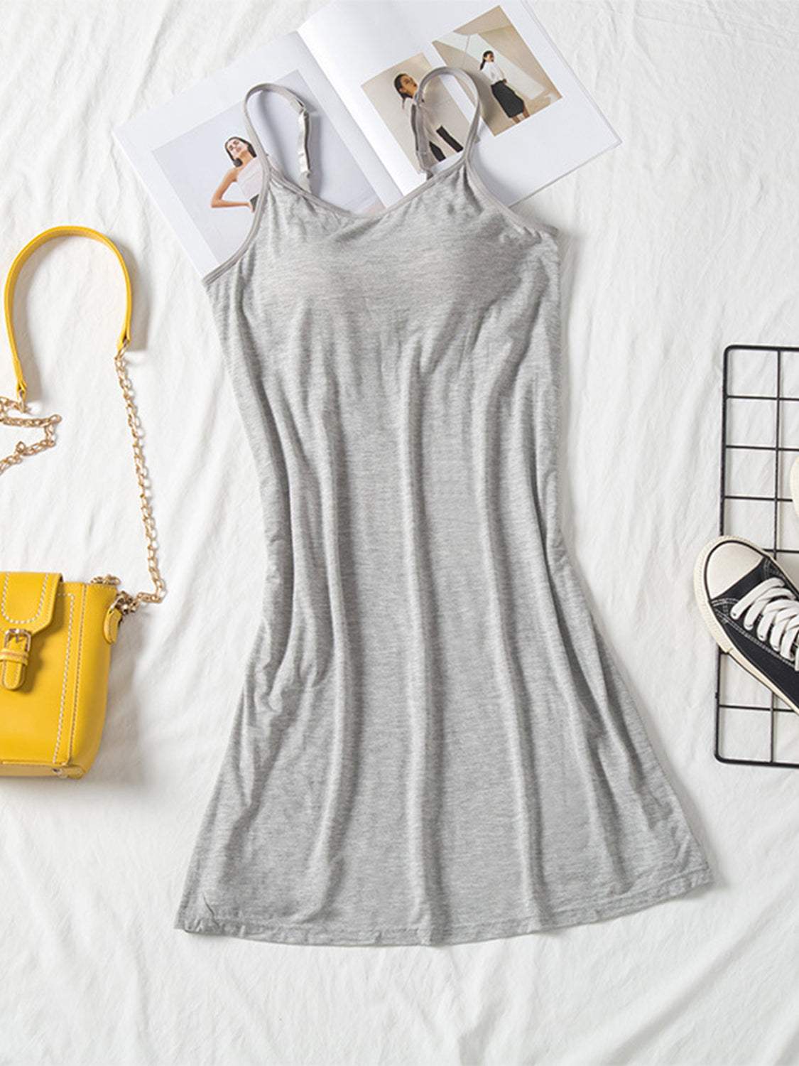 Round Neck Spaghetti Strap Cami Dress with Bra - Trendsi - Flyclothing LLC