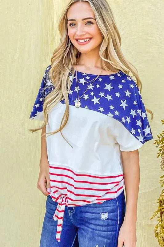 And The Why American Flag Print Tie Knot Front Casual Top - Trendsi - Flyclothing LLC