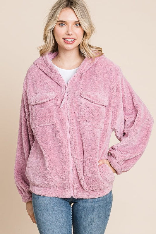 Culture Code Faux Fur Zip Up Hooded Jacket with Side Pockets - Trendsi