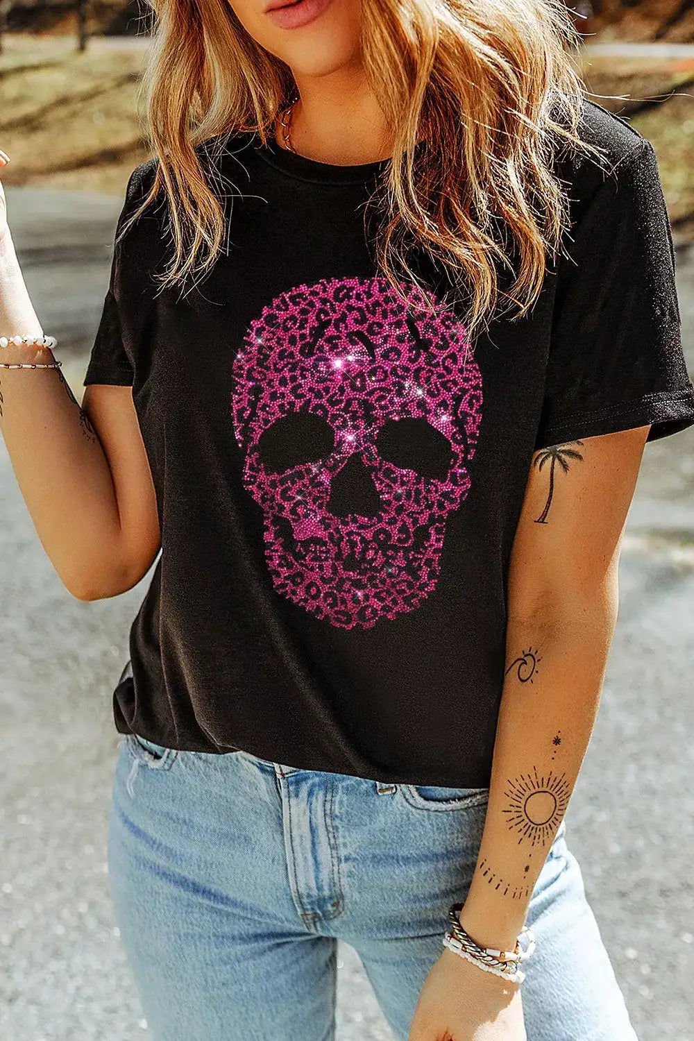 Rhinestone Skull Graphic Crew Neck T Shirt - Trendsi - Flyclothing LLC