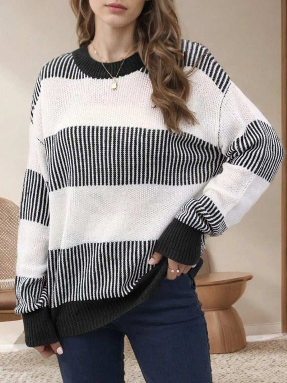 Striped Round Neck Long Sleeve Sweater - Trendsi - Flyclothing LLC